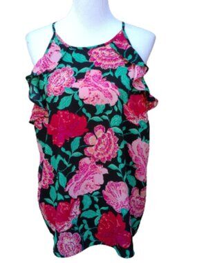 ELLE Multicolor Blouse Bold Floral Print Halter Ruffle Trim Lightweight